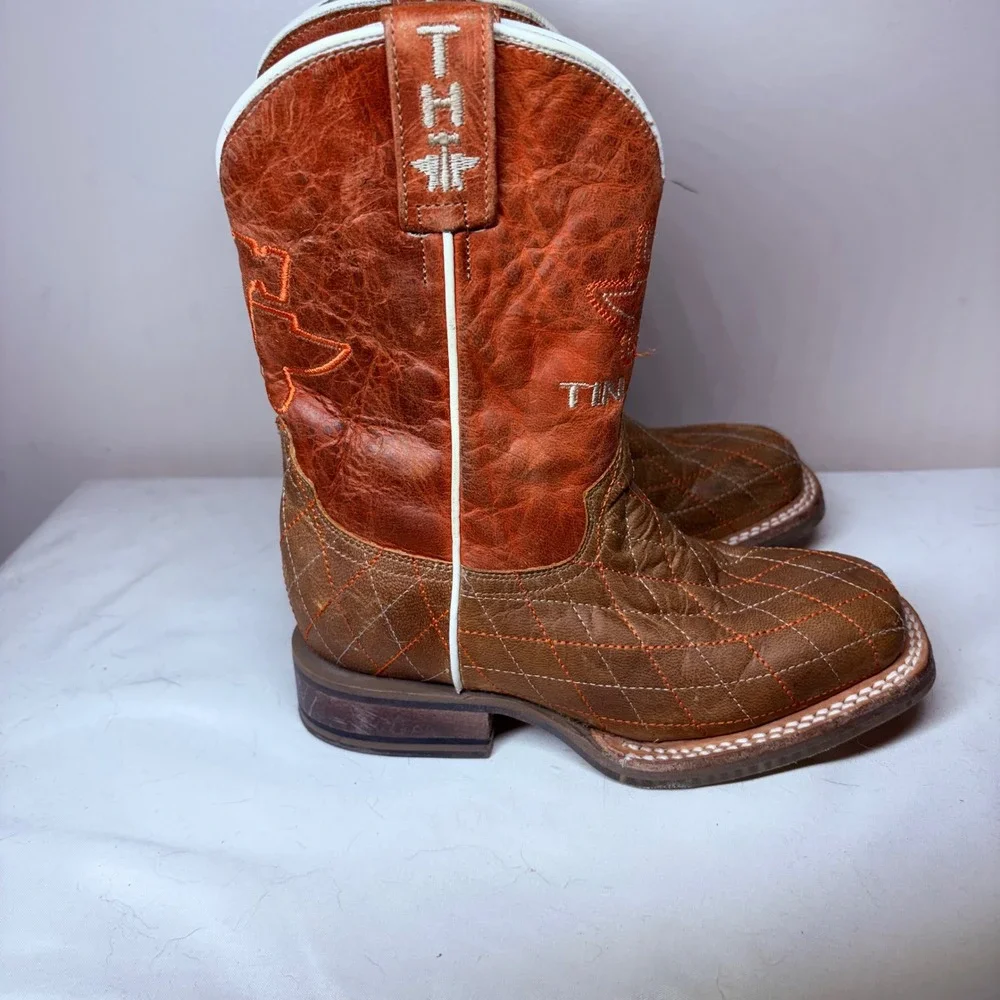 Tin Haul Kids Crossed Brown Orange Leather Patriotic‎ Square Toe Cowboy Boots 12